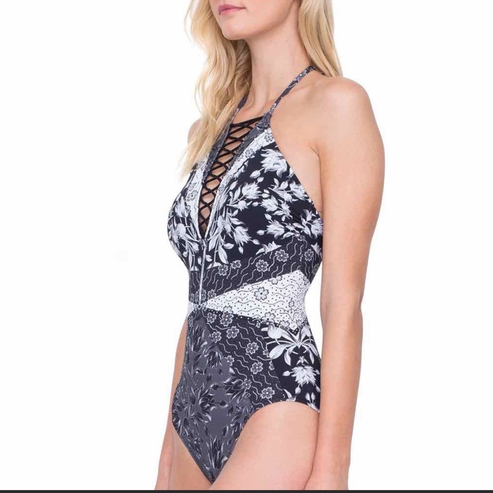 Gottex Black White and Gray Floral One Piece